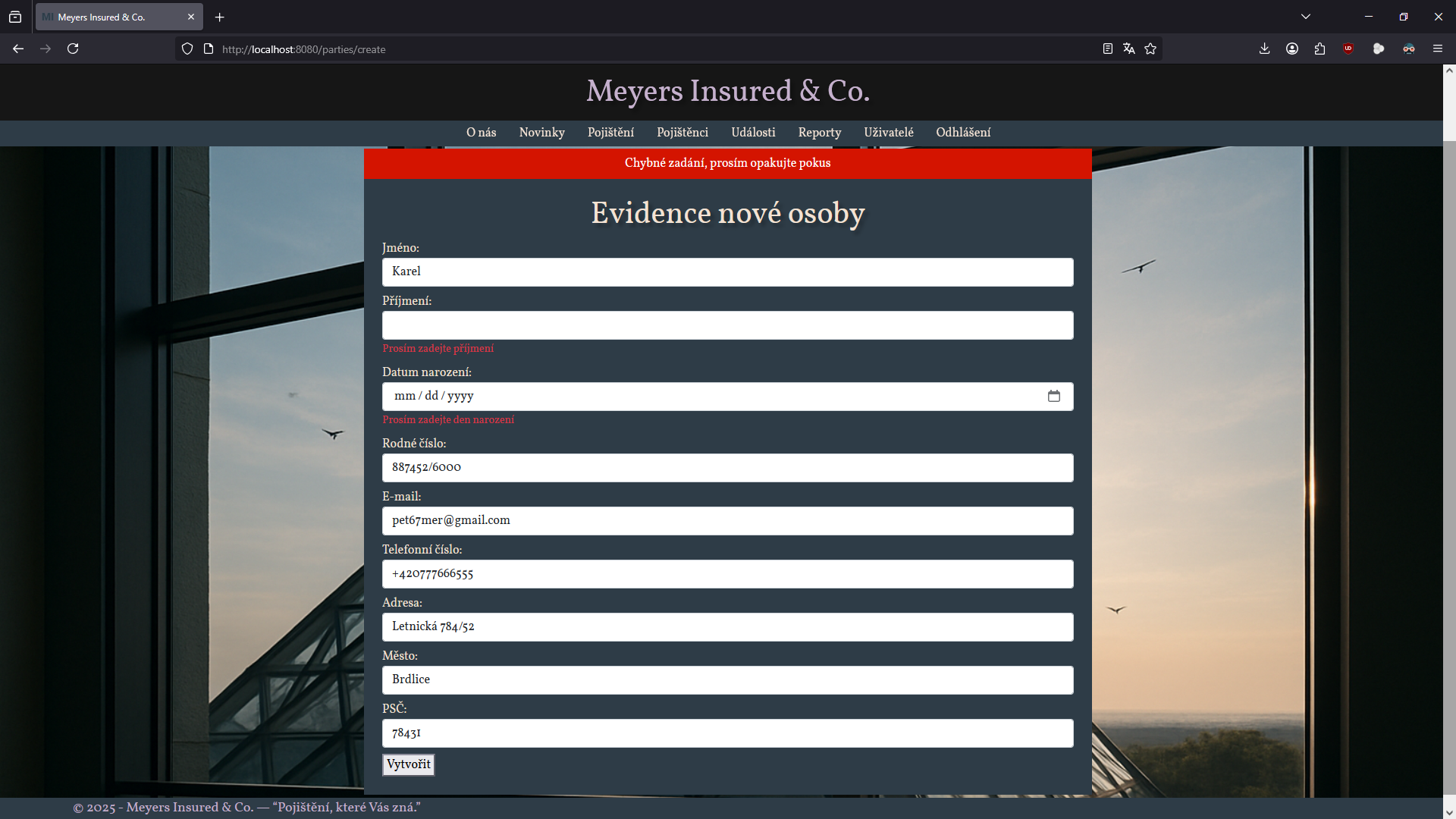 Backend projekt - vytvoření pojištěnce
